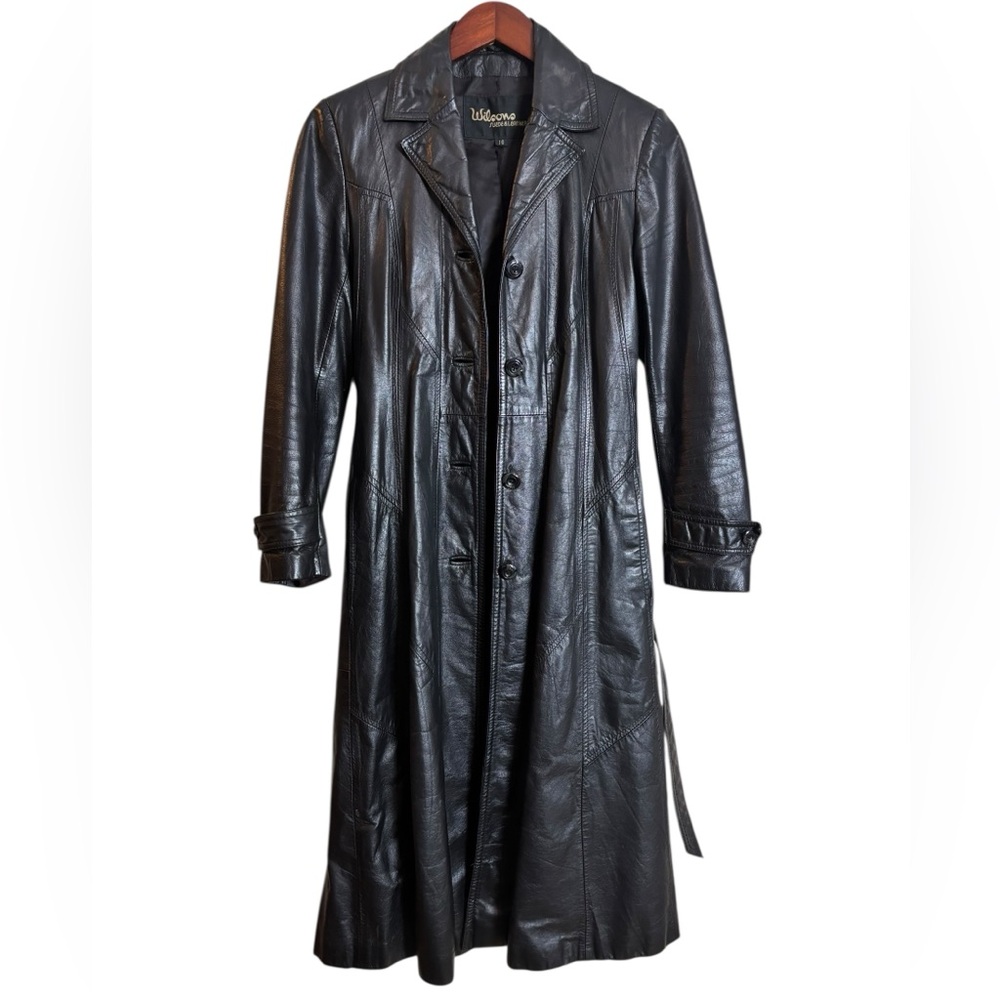 Wilsons Leather Black Trench Coat Button Jacket Vintage 90s Matrix Sz. 10 Belted